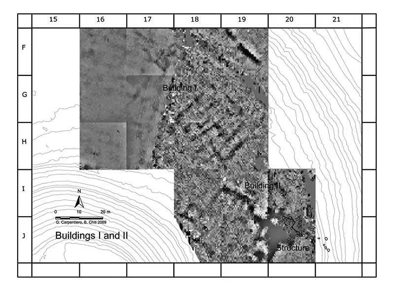 contorni degli edifici I e II identificati attraverso la prospezioni geoelettrica