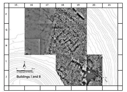 The outlines of the buildings I and II identified by prospecting geoelectric